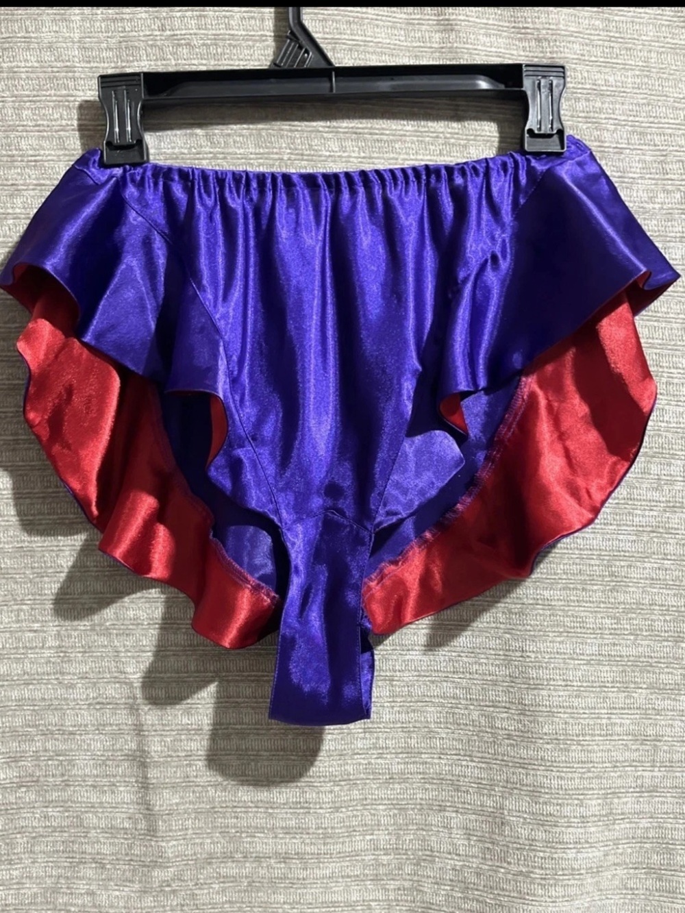Vintage Victoria's Secret Shiny Satin Purple Red Tap Cheeky Ruffle Shorts L XL